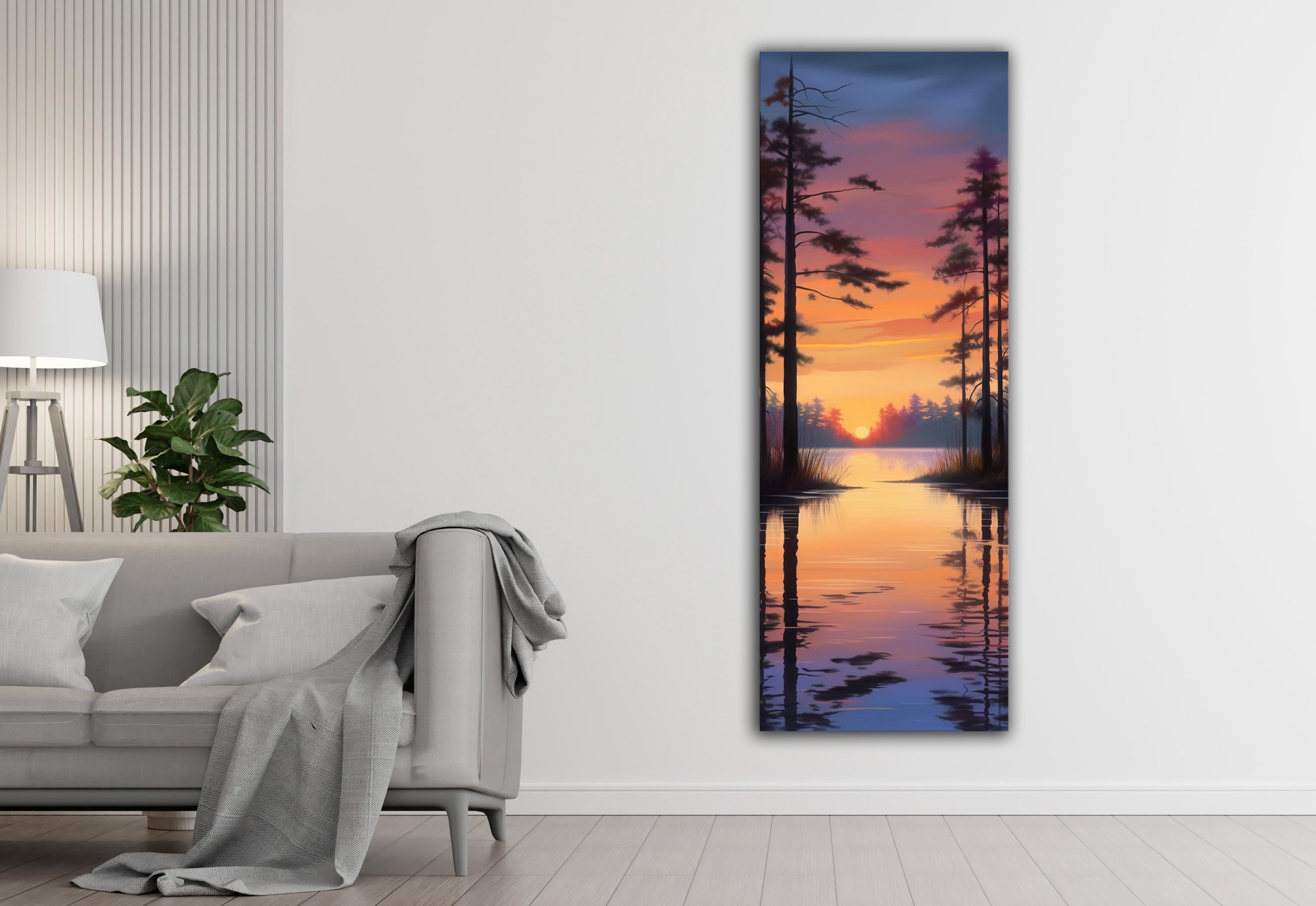 Sunset Lake Canvas Wall Art Pine Tree Landscape Painting Vertical ...