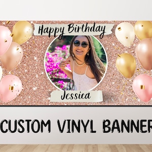 Schwarz und rosa Glitter Geburtstagsbanner, alles Gute zum Geburtstag Banner personalisiert, kundenspezifische Geburtstagsbanner