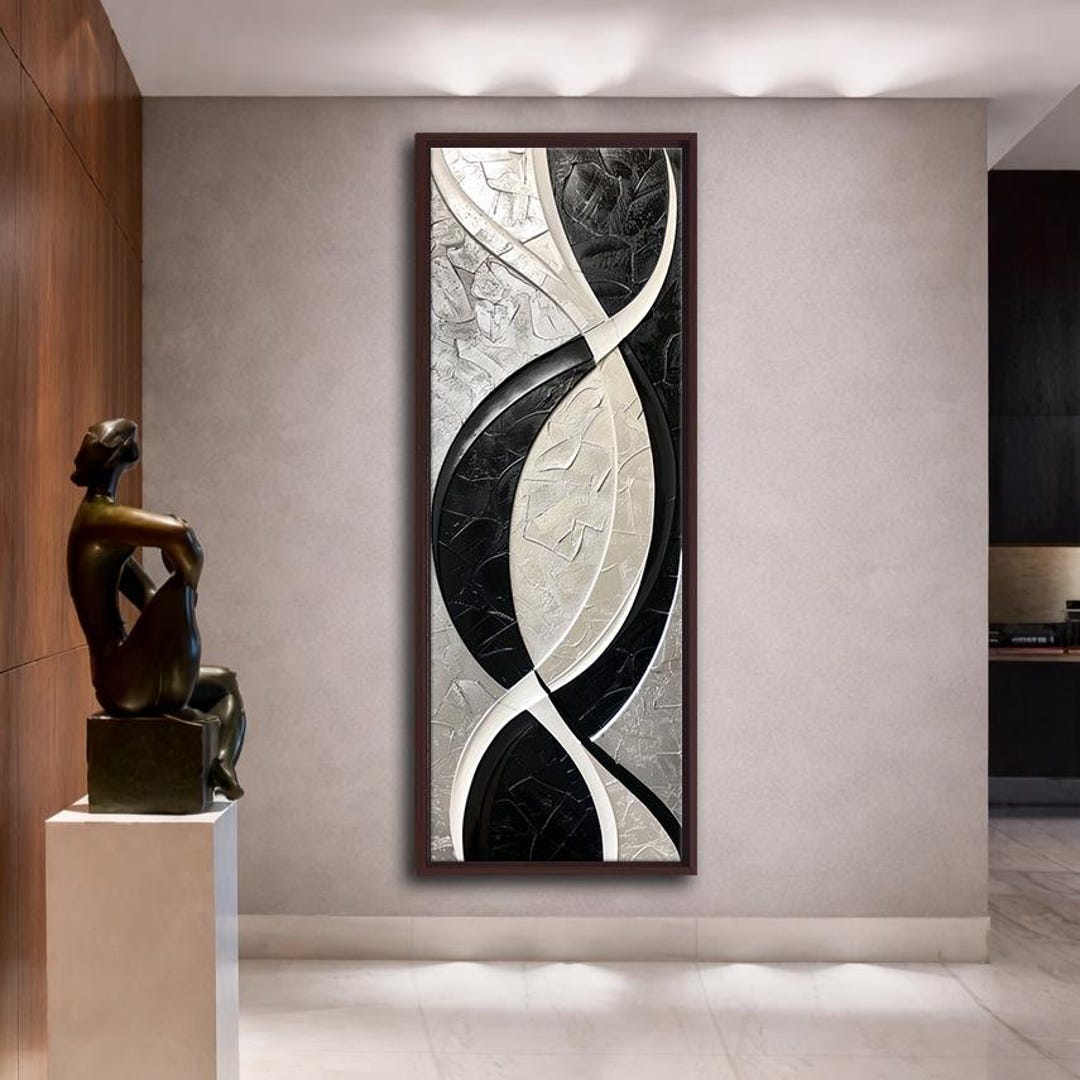Large Vertical Abstract Black White Canvas Wall Art Modern Living Room ...