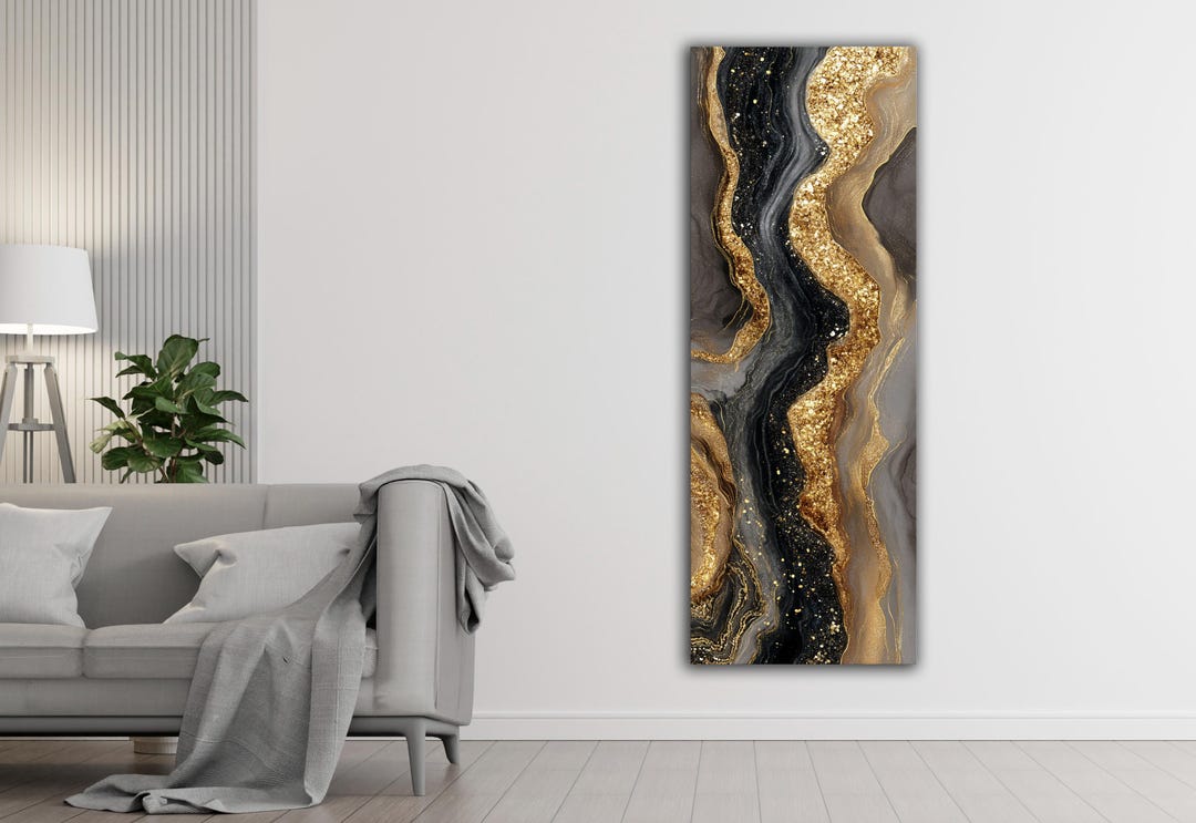 Large Gold Black Abstract Canvas Wall Art Modern Marble Luxury Vertical ...