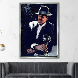 Hombre con sombrero fumando, arte en lienzo, decoración de pared estilo noir, pintura de copa de vino sofisticada