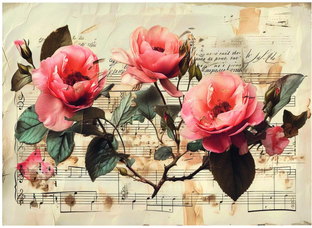 Music Notes With Roses Graphics Roses and Musical Notes Decoupage Paper, Vintage Floral Art (A3) - Etsy