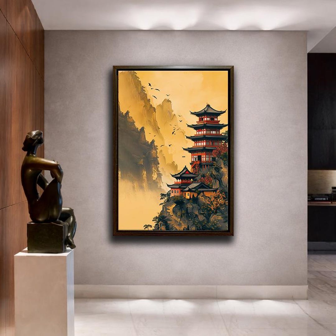 Japanese Pagoda Wall Art Asian Mountain Landscape Canvas Print Zen ...