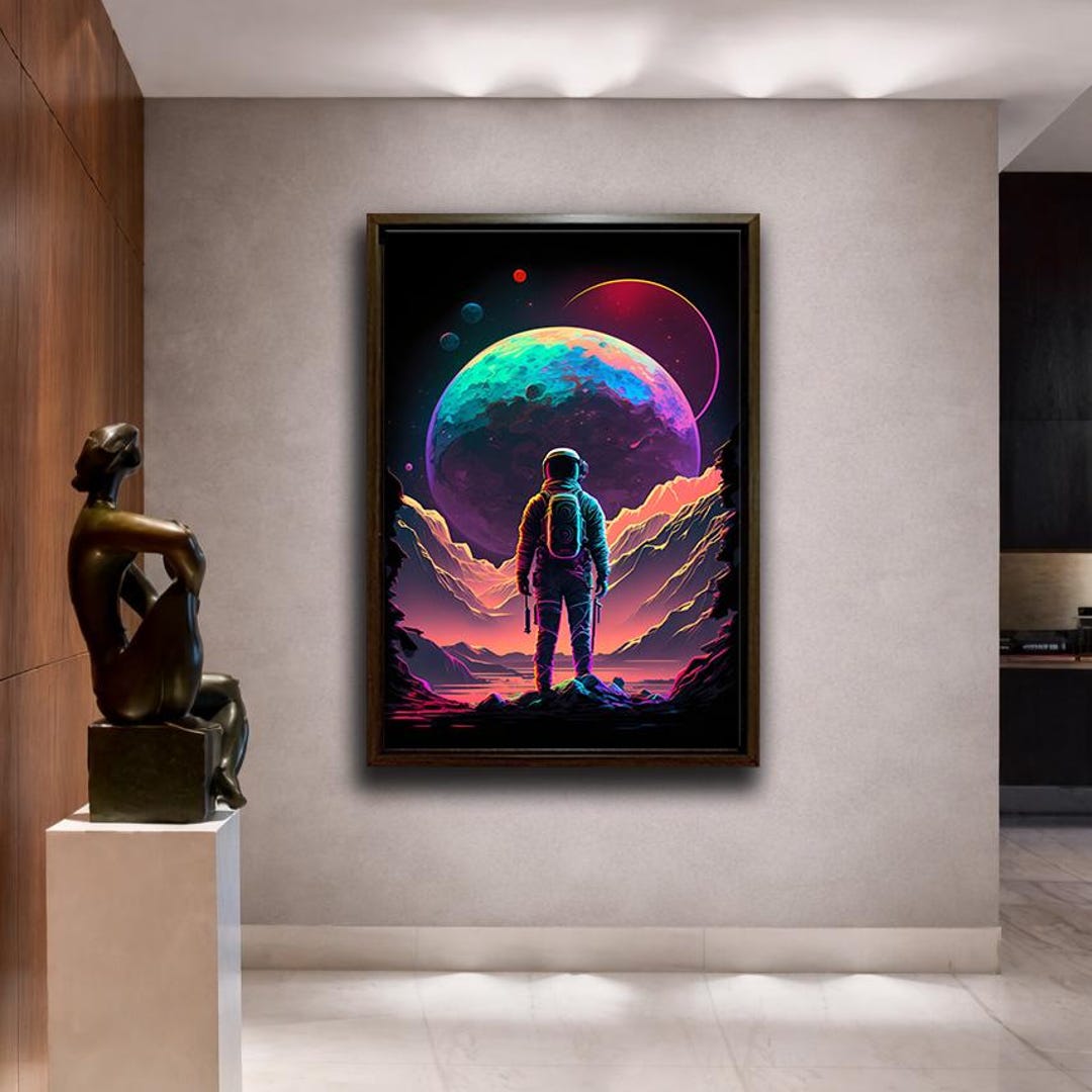 Astronaut Space Canvas Wall Art Neon Planet Galaxy Synthwave Cosmic ...