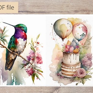 Happy Birthday Printable Card | Birds, Cake and Ballons Watercolor Printable Birthday Card | Instant Download