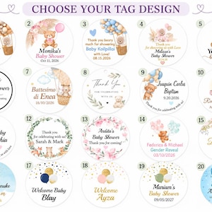 May include: A collection of twenty circular gift tag designs labeled one through twenty, featuring various illustrations of teddy bears, balloons, floral wreaths, and gold accents, with customizable text for baby showers, baptisms, and gender reveals.