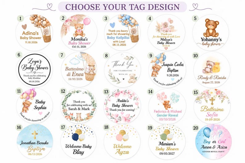 May include: A collection of twenty circular gift tag designs labeled one through twenty, featuring various illustrations of teddy bears, balloons, floral wreaths, and gold accents, with customizable text for baby showers, baptisms, and gender reveals.