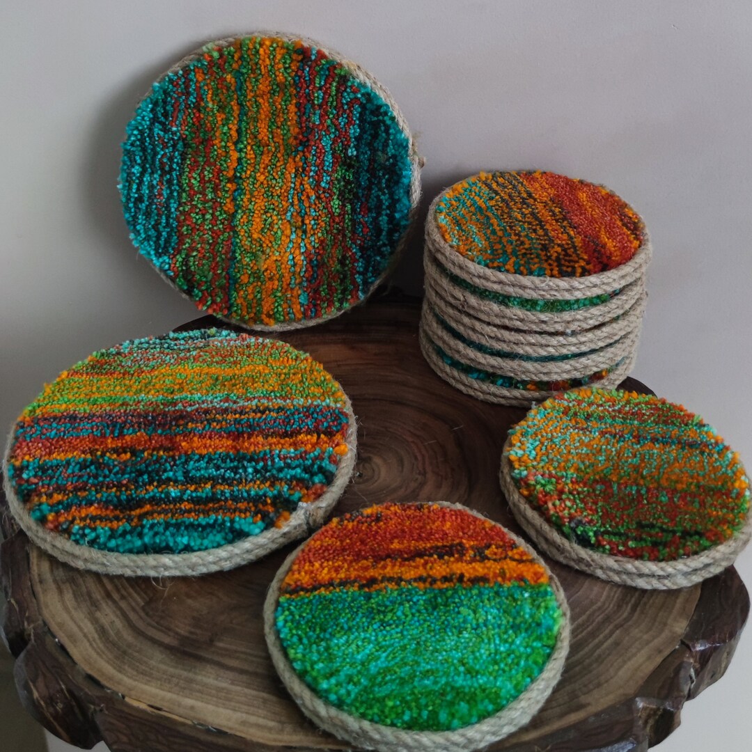 Handmade Coaster Tufted Mug Rug Multicolor Design New Home Gift Coffee ...