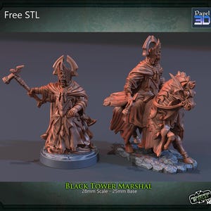 Könnte beinhalten: Zwei braune 3D-gedruckte Figuren eines Black Tower Marshal, eine stehend und eine auf einem Pferd. Die stehende Figur hält einen Hammer. Die berittene Figur hat eine detaillierte Rüstung. Text: "Free STL" und "Black Tower Marshal".