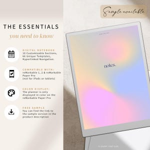 May include: A digital notebook displayed on a tablet with a soft, colorful gradient background. The text "notes" is visible on the screen. The image also includes text describing the notebook's features and compatibility with reMarkable Paper Pro.