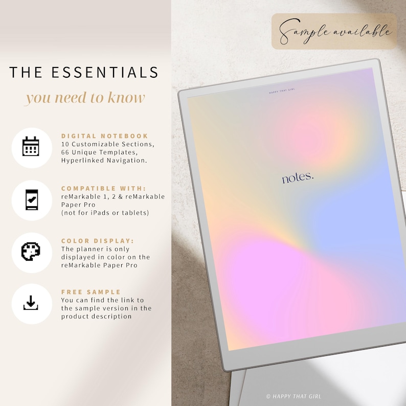 May include: A digital notebook displayed on a tablet with a soft, colorful gradient background. The text "notes" is visible on the screen. The image also includes text describing the notebook's features and compatibility with reMarkable Paper Pro.