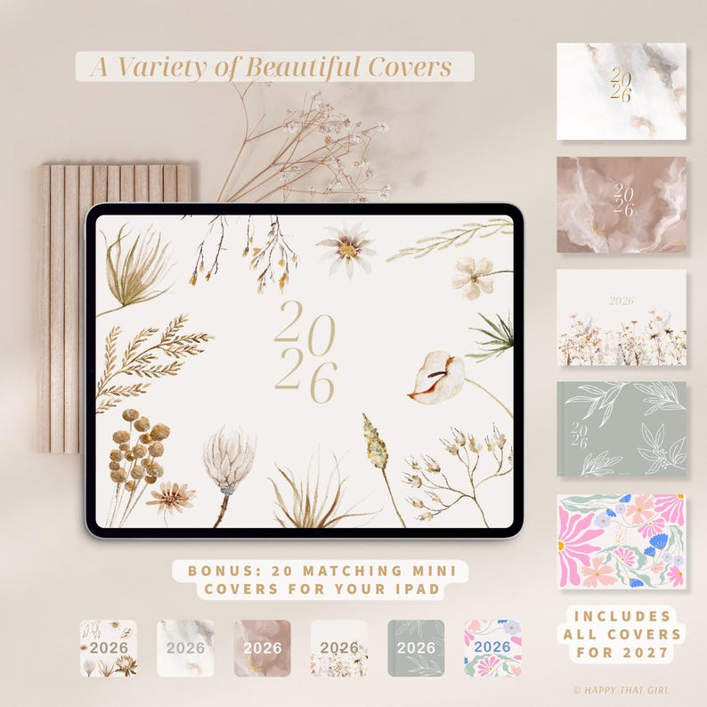 Pode incluir: Um ecr&atilde; de iPad exibe um design de capa com o ano "2026" em dourado, rodeado por ilustra&ccedil;&otilde;es bot&acirc;nicas em tons neutros. Capas adicionais s&atilde;o exibidas, juntamente com o texto "A Variety of Beautiful Covers" e "BONUS: 20 MATCHING MINI COVERS FOR YOUR IPAD."