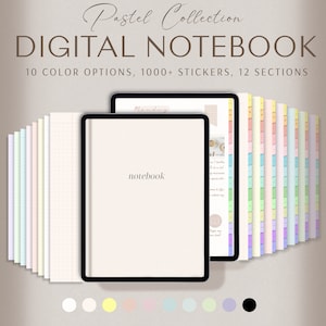 Könnte beinhalten: Ein digitales Notizbuch mit 10 Farboptionen, über 1000 Stickern und 12 Abschnitten. Das Notizbuch wird auf einem Tablet mit weißem Hintergrund und dem Text "notebook" in der Mitte angezeigt. Das Bild zeigt auch eine Vielzahl von pastellfarbenen Seiten und eine Auswahl an Farbmustern.