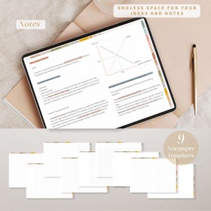 Pode incluir: Um tablet digital exibindo notas e um gr&aacute;fico, com o texto "ENDLESS SPACE FOR YOUR IDEAS AND NOTES". Uma caneta dourada repousa ao lado do tablet. Nove modelos de papel de anota&ccedil;&otilde;es s&atilde;o mostrados abaixo.