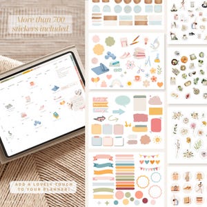 Pode incluir: Um planejador digital com vista de calend&aacute;rio, rodeado por v&aacute;rios adesivos coloridos. Os adesivos incluem formas, banners e ilustra&ccedil;&otilde;es de flores, comida e equipamentos de exerc&iacute;cio. O texto diz "Mais de 700 adesivos inclu&iacute;dos" e "Adicione um toque ador&aacute;vel ao seu planejador!"