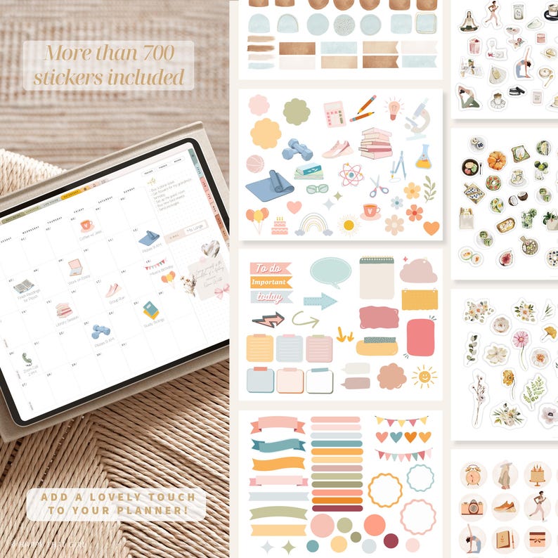 Pode incluir: Um planejador digital com vista de calend&aacute;rio, rodeado por v&aacute;rios adesivos coloridos. Os adesivos incluem formas, banners e ilustra&ccedil;&otilde;es de flores, comida e equipamentos de exerc&iacute;cio. O texto diz "Mais de 700 adesivos inclu&iacute;dos" e "Adicione um toque ador&aacute;vel ao seu planejador!"