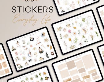 May include: Five digital sheets with over 670+ stickers for everyday life. The stickers are in a variety of styles, including floral, geometric, and abstract. The stickers are perfect for adding a personal touch to planners, journals, and other creative projects.