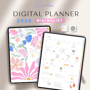 May include: Digital planner for 2026 with a minimalist design. The cover features floral illustrations in pink, blue, and white. The planner includes a July calendar view with various icons and text. The word "Rainbow" is written at the top.