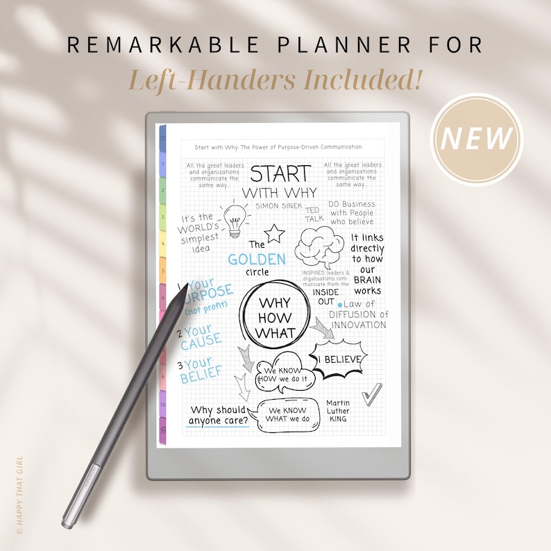 May include: A digital planner for left-handed users, with the text "Remarkable Planner For Left-Handers Included!" The planner displays a diagram with the words "Start With Why" and "Why How What". A stylus pen rests on the planner.