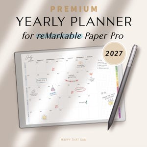May include: A digital tablet displaying a 2027 yearly planner for reMarkable Paper Pro, featuring a July calendar page with handwritten notes, colorful icons, and a to-do list. A dark gray stylus rests on the right side of the tablet screen.