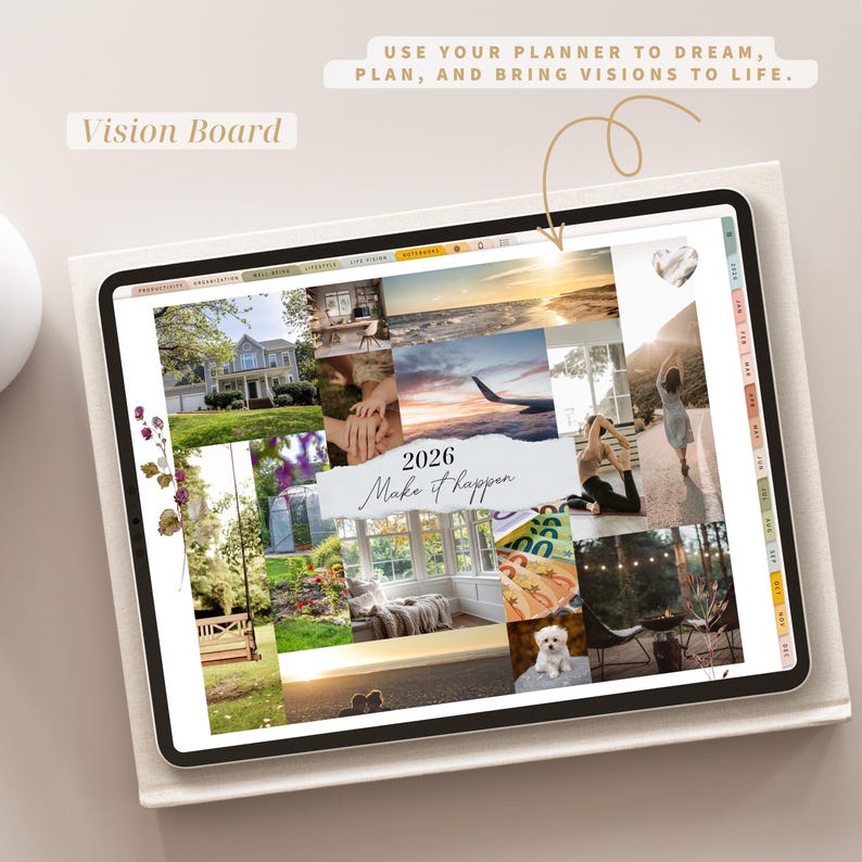 Pode incluir: Um quadro de vis&atilde;o digital exibido em um tablet, apresentando uma colagem de imagens e o texto "2026 Make it happen." As palavras "Vision Board" e "Use your planner to dream, plan, and bring visions to life" tamb&eacute;m s&atilde;o vis&iacute;veis.