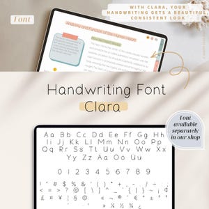Pode incluir: Um tablet digital exibe a fonte manuscrita "Clara". A imagem mostra o alfabeto, os n&uacute;meros e os s&iacute;mbolos da fonte. O texto "Handwriting Font Clara" &eacute; exibido em destaque. A imagem tamb&eacute;m inclui o texto "Font available separately in our shop."