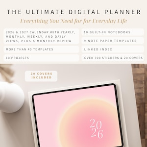 Pode incluir: Um planejador digital com um fundo gradiente rosa e amarelo, exibindo o ano de 2026. A imagem inclui o texto: "THE ULTIMATE DIGITAL PLANNER" e "Everything You Need for Everyday Life." Inclui calend&aacute;rios, cadernos, modelos e adesivos.