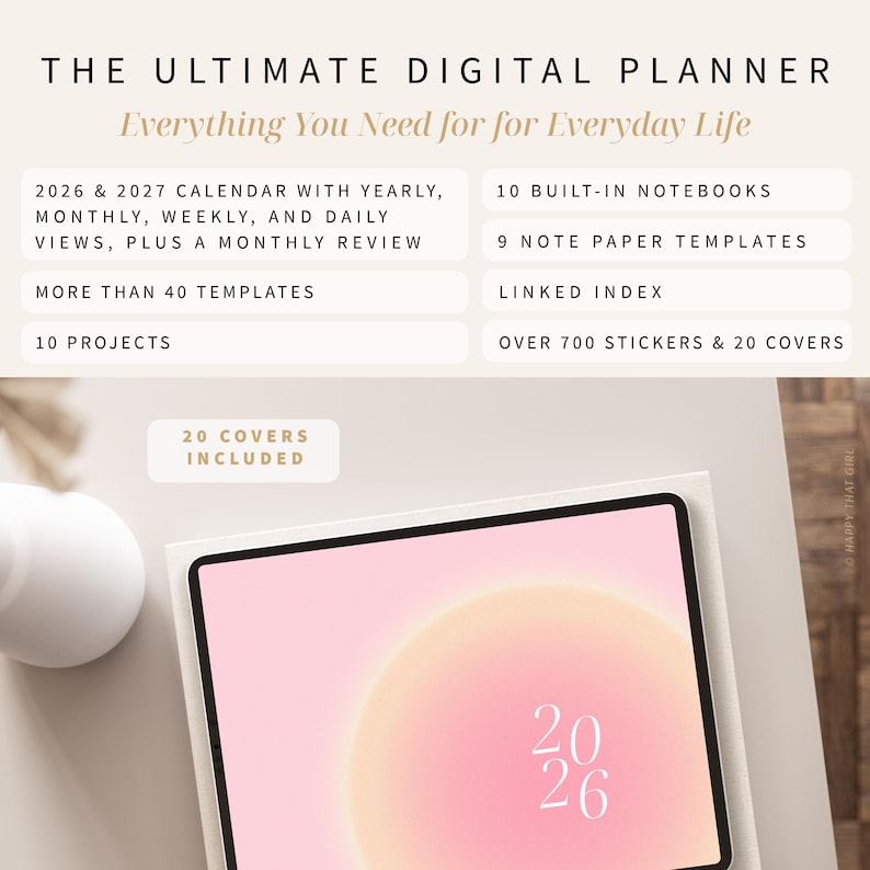 Pode incluir: Um planejador digital com um fundo gradiente rosa e amarelo, exibindo o ano de 2026. A imagem inclui o texto: "THE ULTIMATE DIGITAL PLANNER" e "Everything You Need for Everyday Life." Inclui calend&aacute;rios, cadernos, modelos e adesivos.