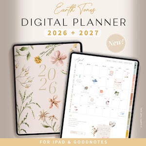 May include: Digital planner for 2026 and 2027 with an "Earth Tones" theme. The planner features a floral design on the cover and a calendar view for April. The text "FOR IPAD & GOODNOTES" is visible.
