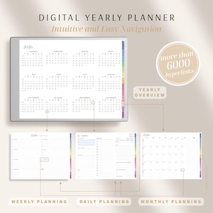 May include: Digital yearly planner with intuitive navigation. The image shows a yearly overview for 2026, weekly, daily, and monthly planning pages. The planner has over 6000 hyperlinks. The planner has a colorful tab on the right side.