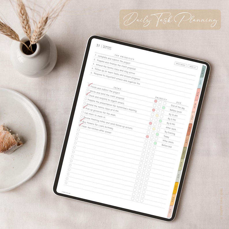 May include: A digital tablet displaying a daily task planning layout. The screen shows a to-do list with checkboxes, priority indicators, and due dates. The text "Daily Task Planning" is at the top. A vase with dried plants and a plate with a piece of bread are in the background.