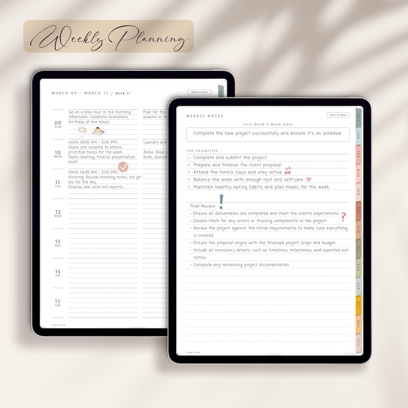 May include: Two digital tablets displaying a weekly planner. One tablet shows a detailed schedule with daily tasks, while the other features weekly notes, top priorities, and a final review section. The text "Weekly Planning" is at the top.