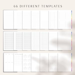 May include: A digital planner with 66 different templates, including lined, grid, and dot grid pages. The planner also features a monthly calendar and various other layouts. The pages are white with a rainbow-colored side tab. The text "66 DIFFERENT TEMPLATES" is at the top.