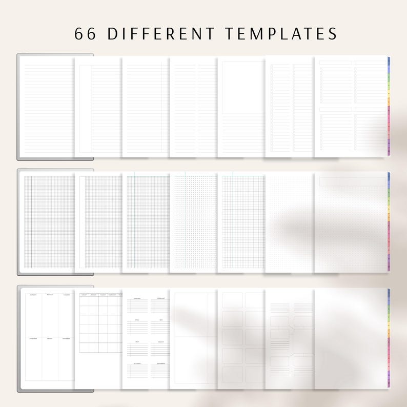 May include: A digital planner with 66 different templates, including lined, grid, and dot grid pages. The planner also features a monthly calendar and various other layouts. The pages are white with a rainbow-colored side tab. The text "66 DIFFERENT TEMPLATES" is at the top.