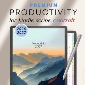 May include: A digital planner for Kindle Scribe Colorsoft featuring a mountain landscape cover with the text Productivity 2027 and a 2026 2027 badge. A gray stylus rests on the screen, which displays a monthly calendar layout with tabs.