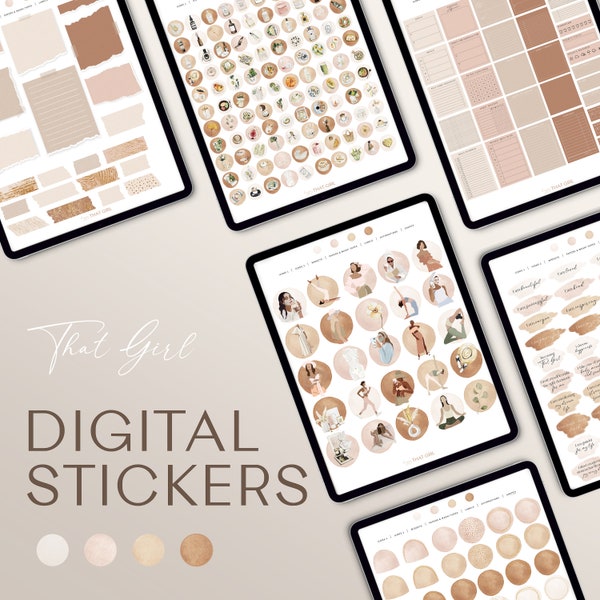 Digital Stickers THAT GIRL / Digital Planner Stickers / Precropped Self Care Stickers / Watercolor GoodNotes Stickers |  Neutral Colors