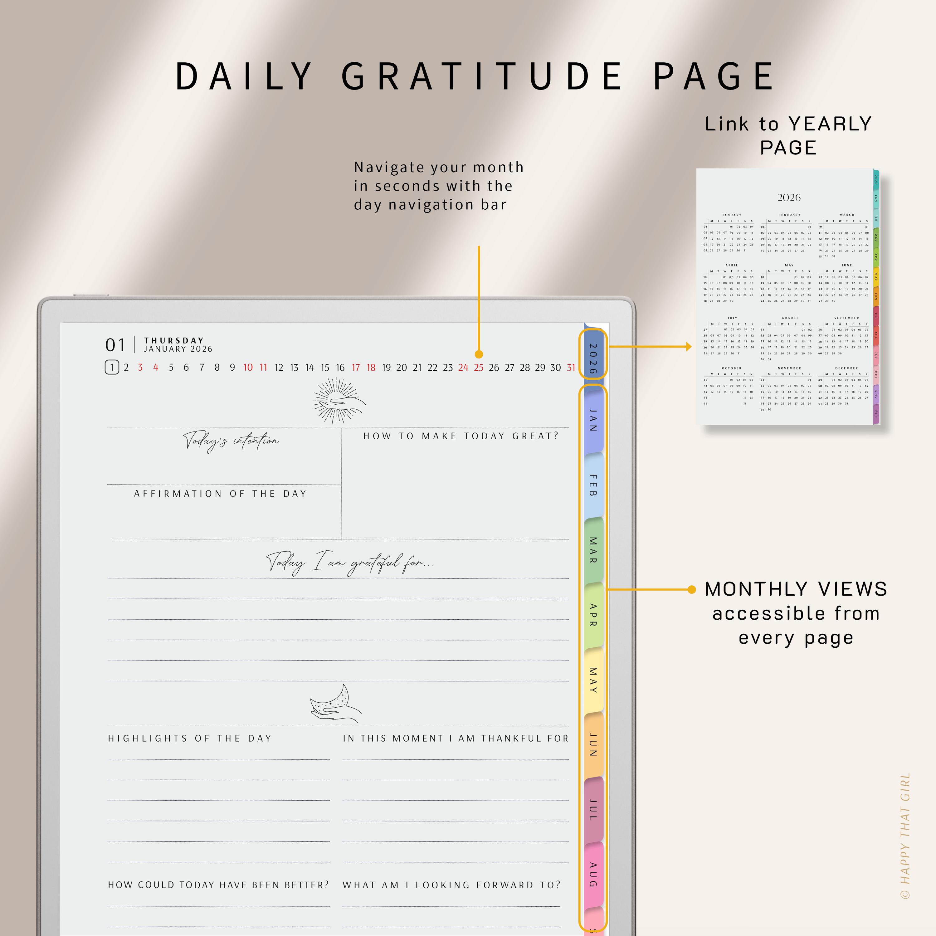 Digital Gratitude Journal 2026–2027 for Remarkable Paper Pro, Dated ...