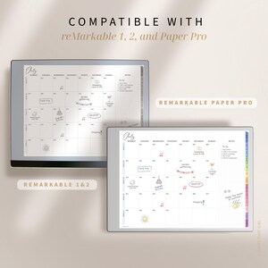 May include: Two digital tablets showing a July calendar layout with handwritten notes and icons. The text "COMPATIBLE WITH reMarkable 1, 2, and Paper Pro" is at the top. The tablets are labelled "REMARKABLE 1&2" and "REMARKABLE PAPER PRO".