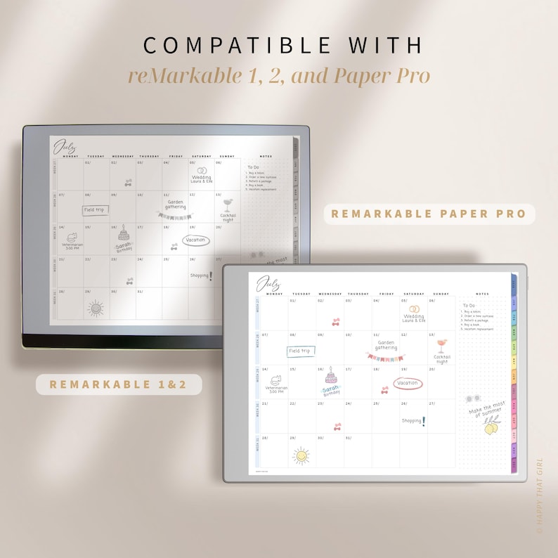 May include: Two digital tablets showing a July calendar layout with handwritten notes and icons. The text "COMPATIBLE WITH reMarkable 1, 2, and Paper Pro" is at the top. The tablets are labelled "REMARKABLE 1&2" and "REMARKABLE PAPER PRO".
