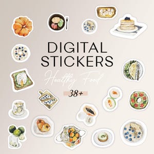 May include: A collection of digital stickers featuring watercolor illustrations of healthy food items. The stickers include images of fruit, vegetables, and prepared meals. Text on the image reads "DIGITAL STICKERS Healthy Food 38+".