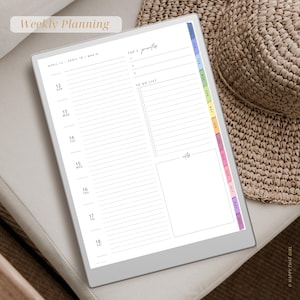 Puede incluir: Un planificador semanal digital con el texto "Weekly Planning" en la parte superior. El planificador tiene secciones para "Top 3 Priorities" y una "To Do List". Se enumeran las fechas del 12 al 18 de abril. El planificador tiene pesta&ntilde;as codificadas por colores para cada mes.