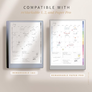 Puede incluir: Dos planificadores digitales para tabletas reMarkable, que muestran un dise&ntilde;o de calendario de julio con notas y recordatorios. El texto "COMPATIBLE WITH reMarkable 1, 2, and Paper Pro" est&aacute; en la parte superior. La parte inferior de la imagen muestra "REMARKABLE 1&2" y "REMARKABLE PAPER PRO".