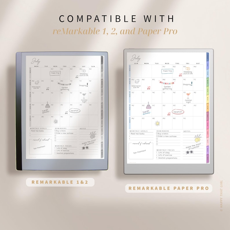Puede incluir: Dos planificadores digitales para tabletas reMarkable, que muestran un dise&ntilde;o de calendario de julio con notas y recordatorios. El texto "COMPATIBLE WITH reMarkable 1, 2, and Paper Pro" est&aacute; en la parte superior. La parte inferior de la imagen muestra "REMARKABLE 1&2" y "REMARKABLE PAPER PRO".