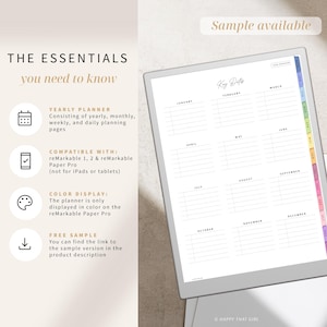 Puede incluir: Planificador anual digital que se muestra en una tableta reMarkable Paper Pro. El planificador incluye p&aacute;ginas de planificaci&oacute;n anuales, mensuales, semanales y diarias. El texto "The Essentials you need to know" est&aacute; en la parte superior izquierda.
