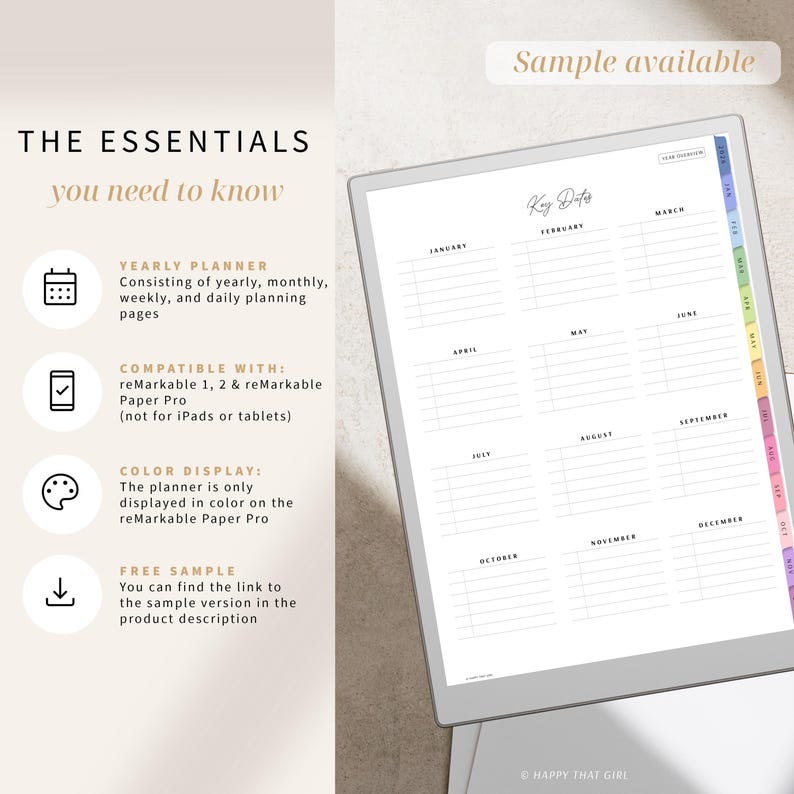 Puede incluir: Planificador anual digital que se muestra en una tableta reMarkable Paper Pro. El planificador incluye p&aacute;ginas de planificaci&oacute;n anuales, mensuales, semanales y diarias. El texto "The Essentials you need to know" est&aacute; en la parte superior izquierda.