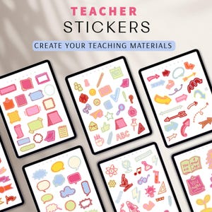 May include: A collection of digital sticker sheets featuring educational icons, speech bubbles, arrows, and note frames. The text TEACHER STICKERS and CREATE YOUR TEACHING MATERIALS is displayed at the top. The stickers are colorful, outlined, and varied.