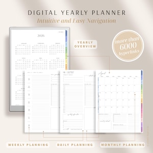 Puede incluir: Planificador anual digital con navegaci&oacute;n intuitiva. El planificador incluye p&aacute;ginas de planificaci&oacute;n semanal, diaria y mensual. La imagen muestra un calendario de 2026, horarios diarios y objetivos mensuales. El planificador tiene m&aacute;s de 6000 hiperv&iacute;nculos.