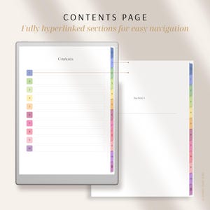 May include: A digital planner with a contents page and color-coded tabs. The tablet displays the words "Contents" and "Section 1". The text "CONTENTS PAGE" and "Fully hyperlinked sections for easy navigation" are at the top.
