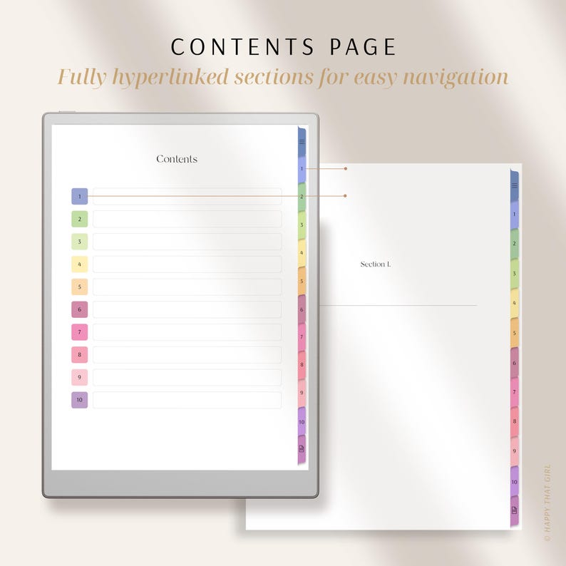 May include: A digital planner with a contents page and color-coded tabs. The tablet displays the words "Contents" and "Section 1". The text "CONTENTS PAGE" and "Fully hyperlinked sections for easy navigation" are at the top.