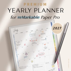 Puede incluir: Un planificador anual digital para reMarkable Paper Pro, con una vista de calendario de julio con detalles de eventos y recordatorios. Incluye un lápiz óptico y un indicador de año calendario 2027. El planificador tiene el texto "PREMIUM YEARLY PLANNER".